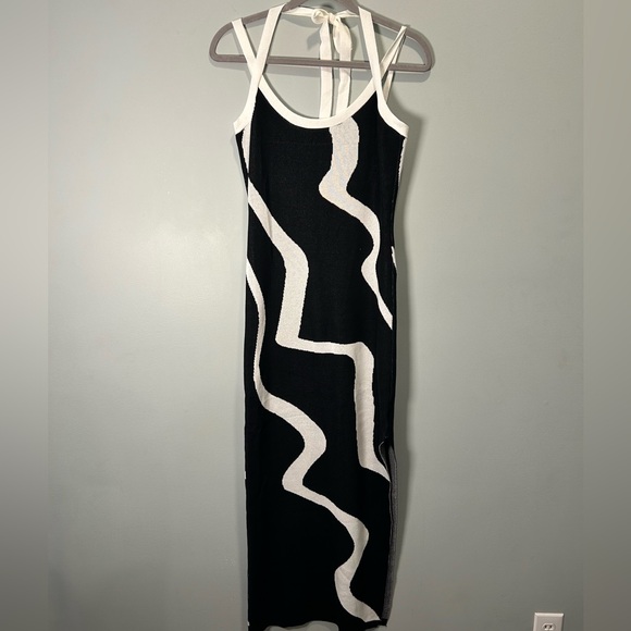 Women’s SHEIN Black & White Maxi Tie Neck Bodycon Dress L - Picture 8 of 15